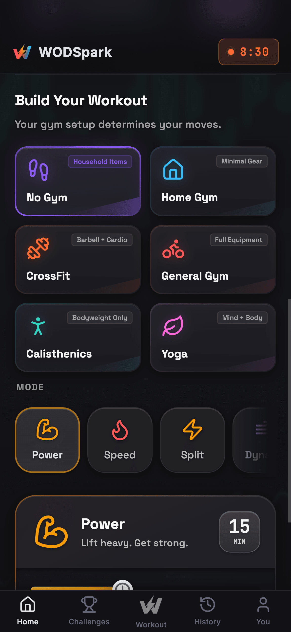 WodSpark builder screen with gym type cards and workout mode picker