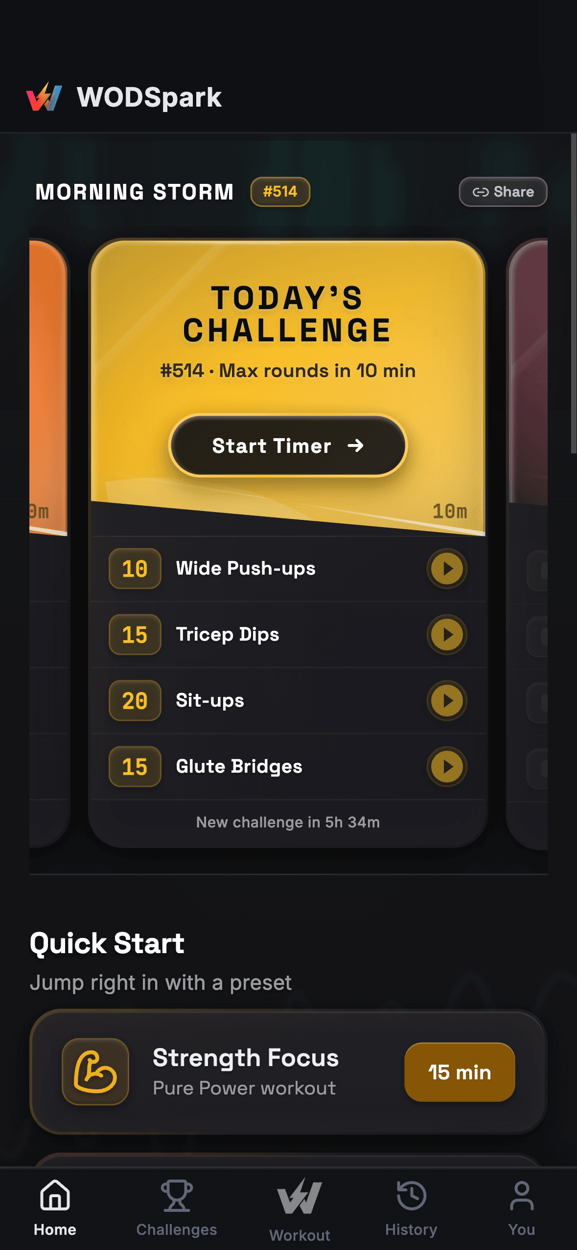 WodSpark home screen showing today's Morning Storm challenge