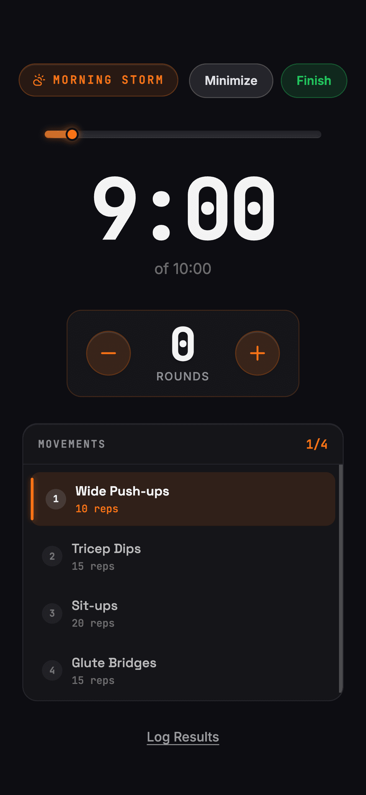 Full-screen AMRAP countdown timer with round counter and movements