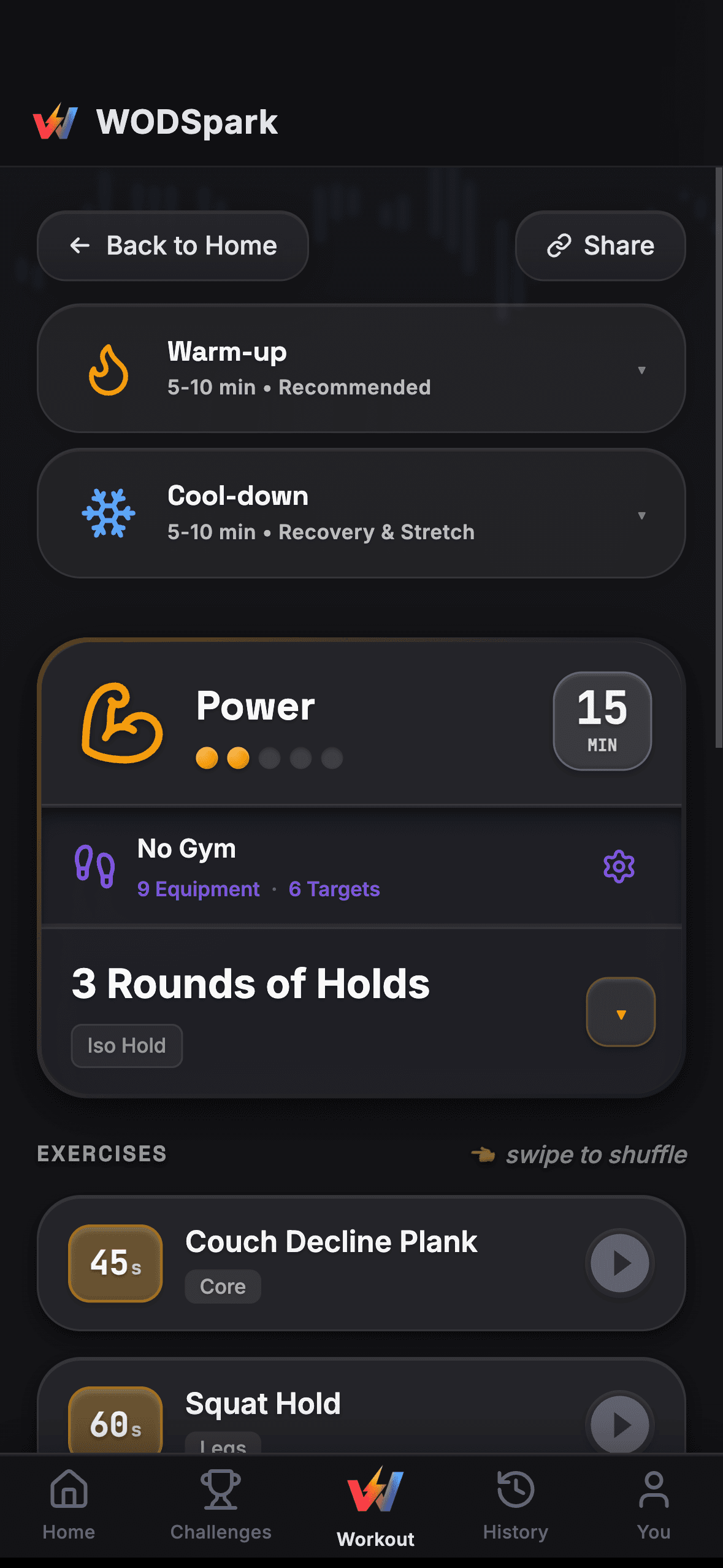 Generated Power workout with warm-up, cool-down, and exercise list