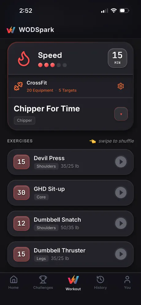 Generated workout with exercise list