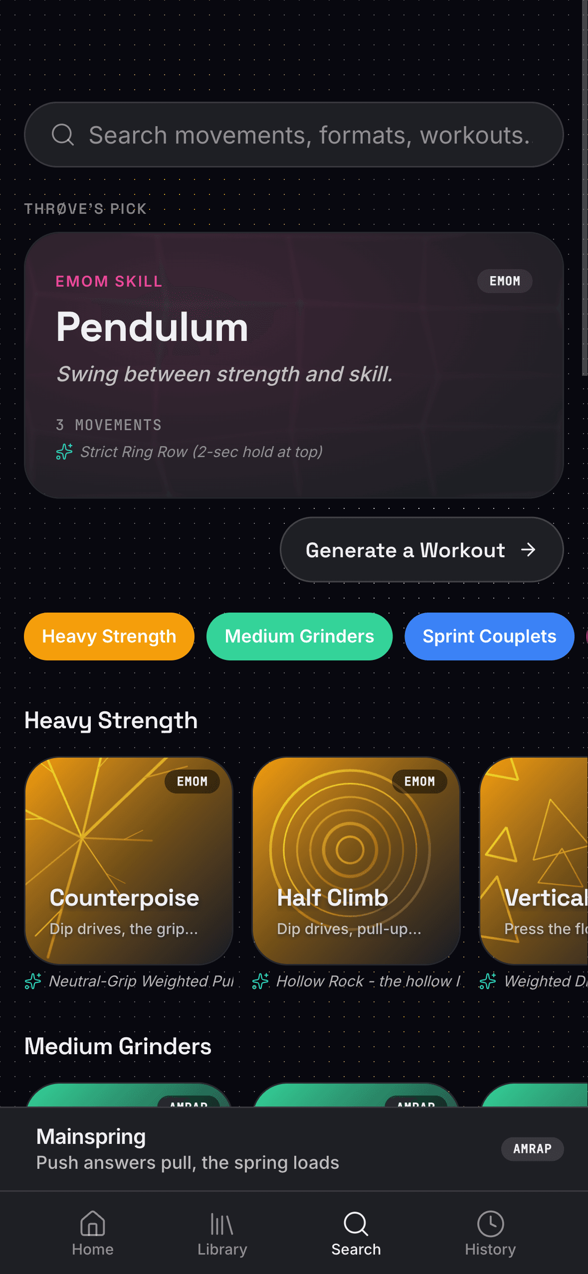 THRØVE search screen for finding past workouts